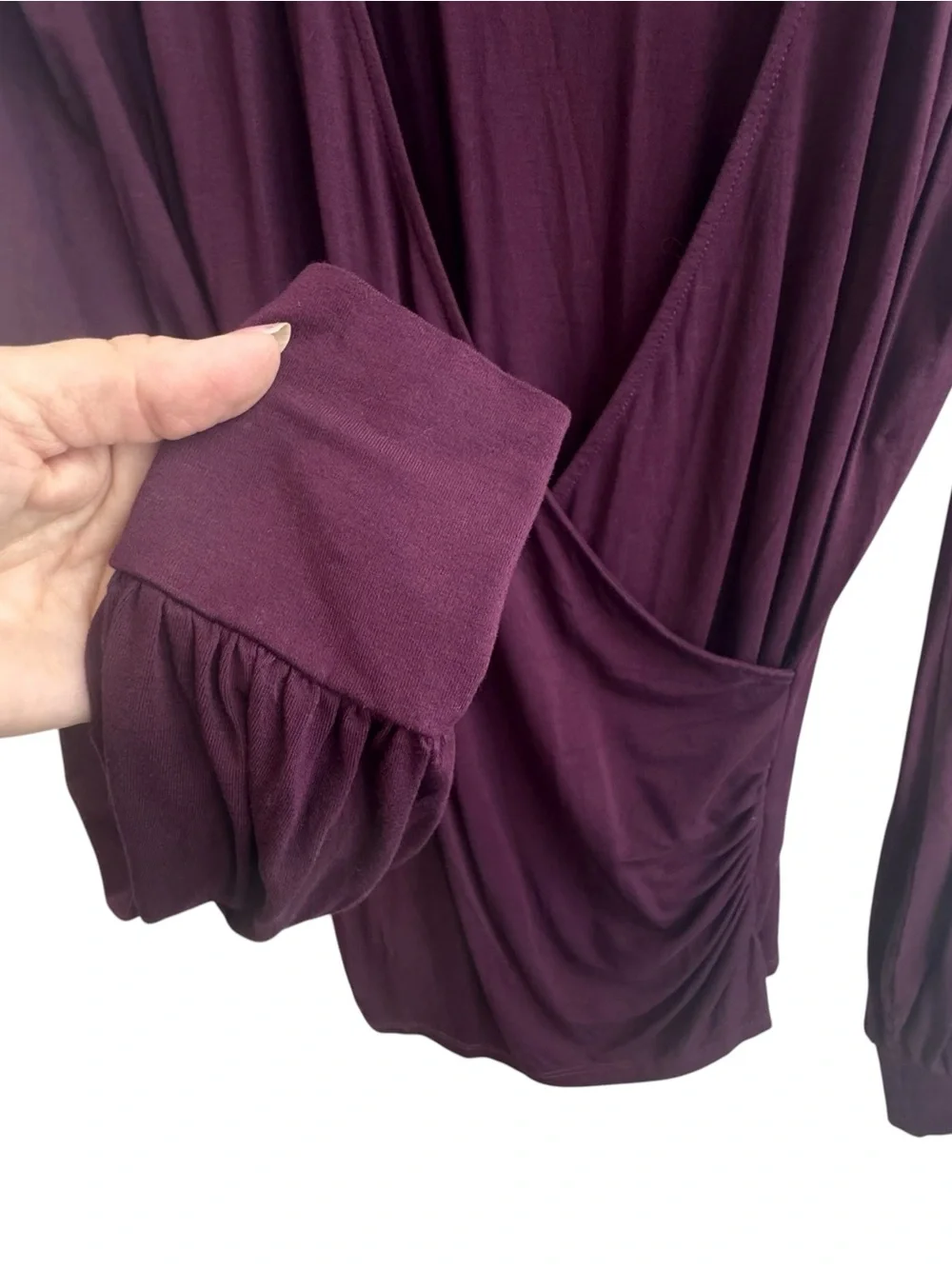 Boden Blouson Wrap Top Burgundy V Neck Cuff Long Sleeve Size 8
